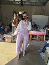 Load image into Gallery viewer, Lavender Pinstriped Barrel-Leg Overalls