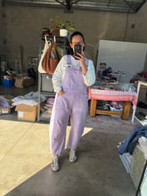 Load image into Gallery viewer, Lavender Pinstriped Barrel-Leg Overalls