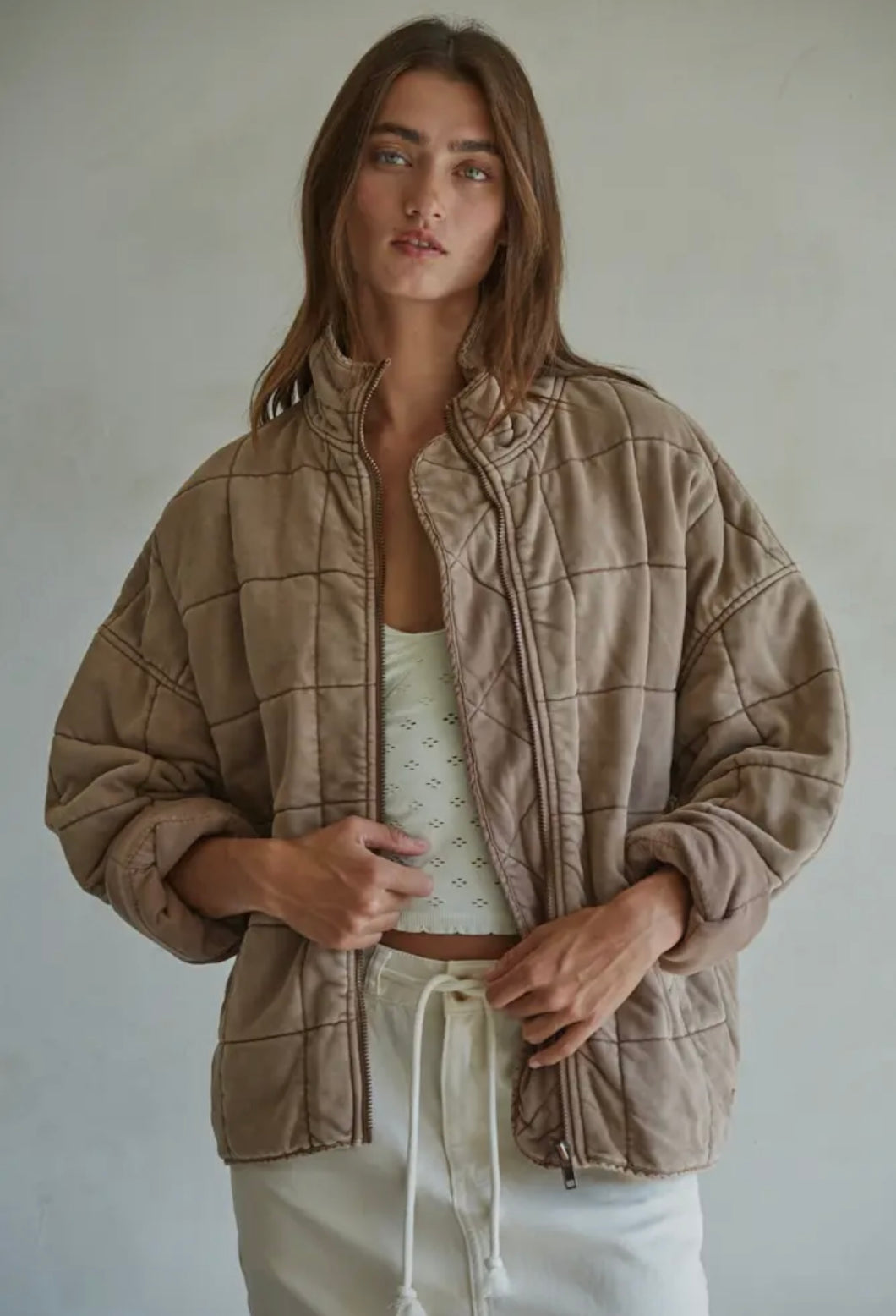 Quilted Knit Mineral Washed Jacket - Rose Taupe