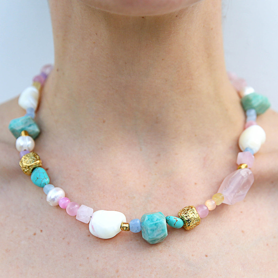 Chunky Gem Necklace with Keshi Pearl