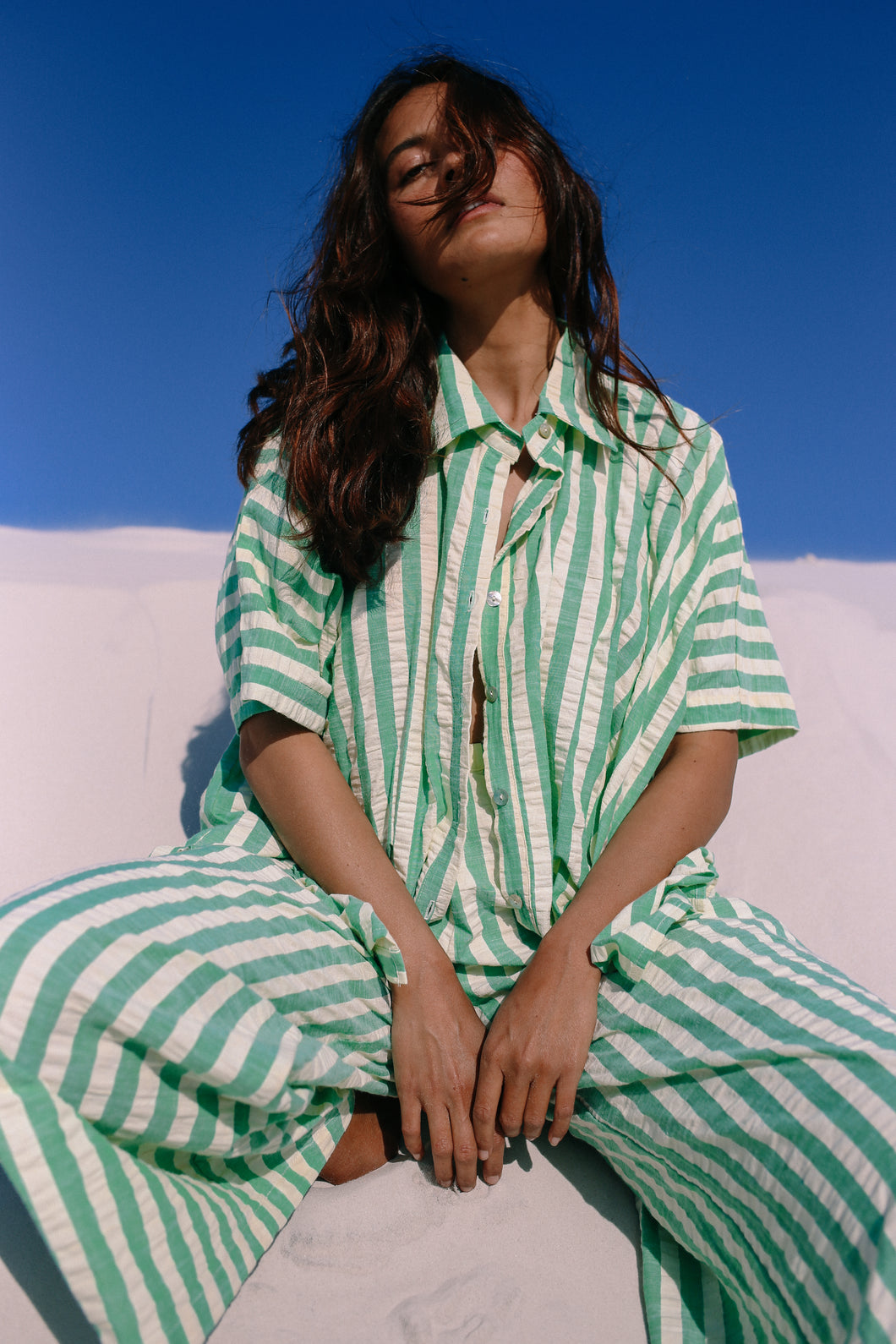 The Ava Shirt In Seafoam Cotton Stripe