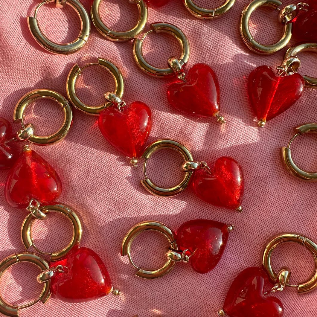 ALLEE GLASS HEART HOOPS // RED
