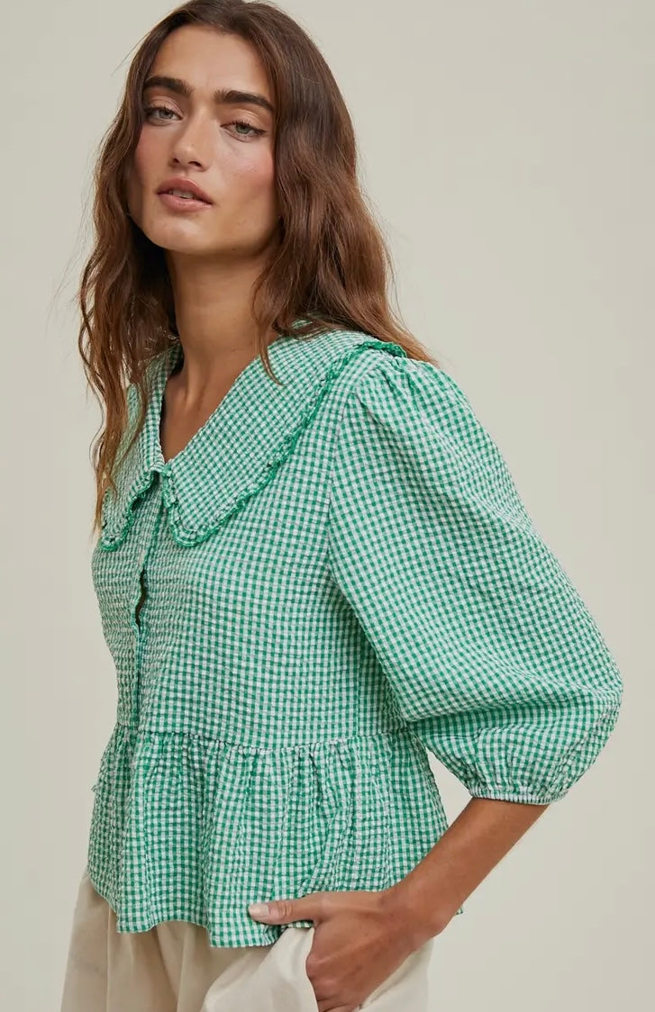 Green Gingham Peter Pan Collared Blouse