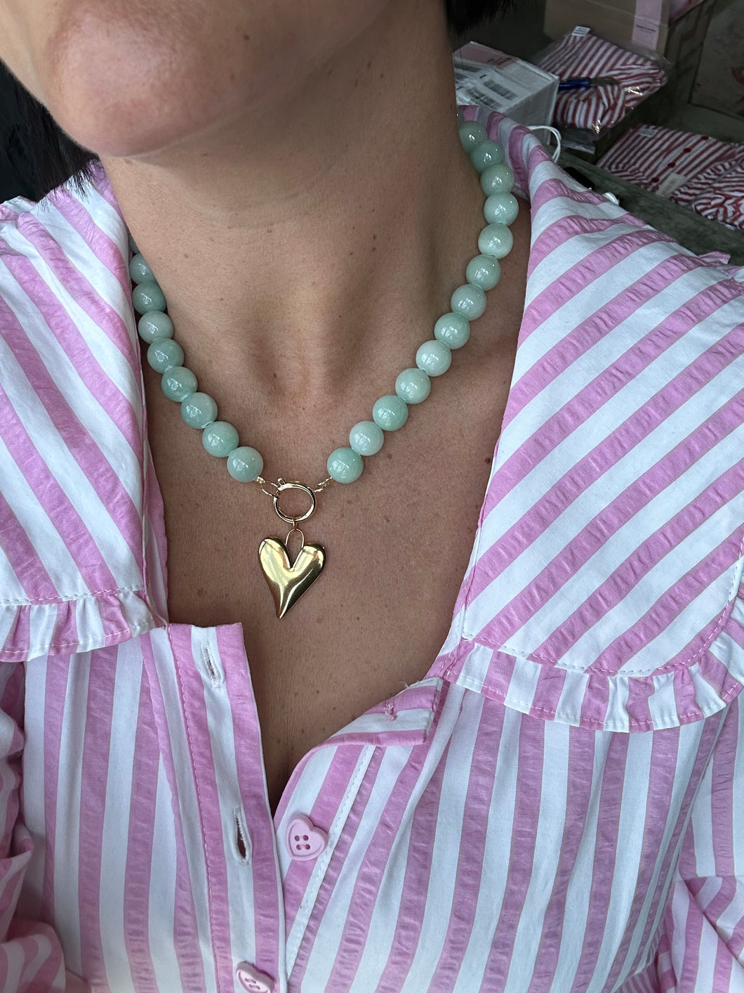 Natural Stone Bead Necklace - Old Green