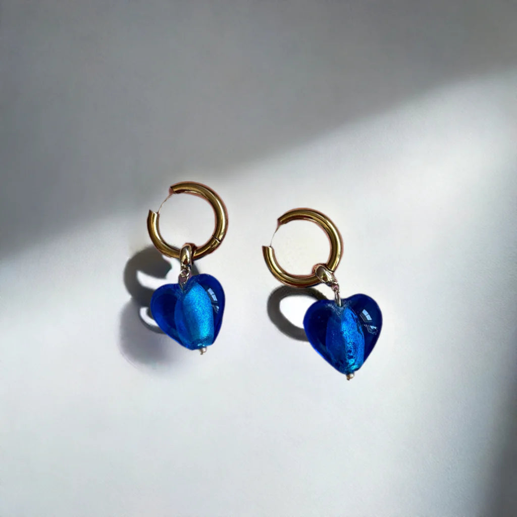ALLEE GLASS HEART HOOPS // BLUE