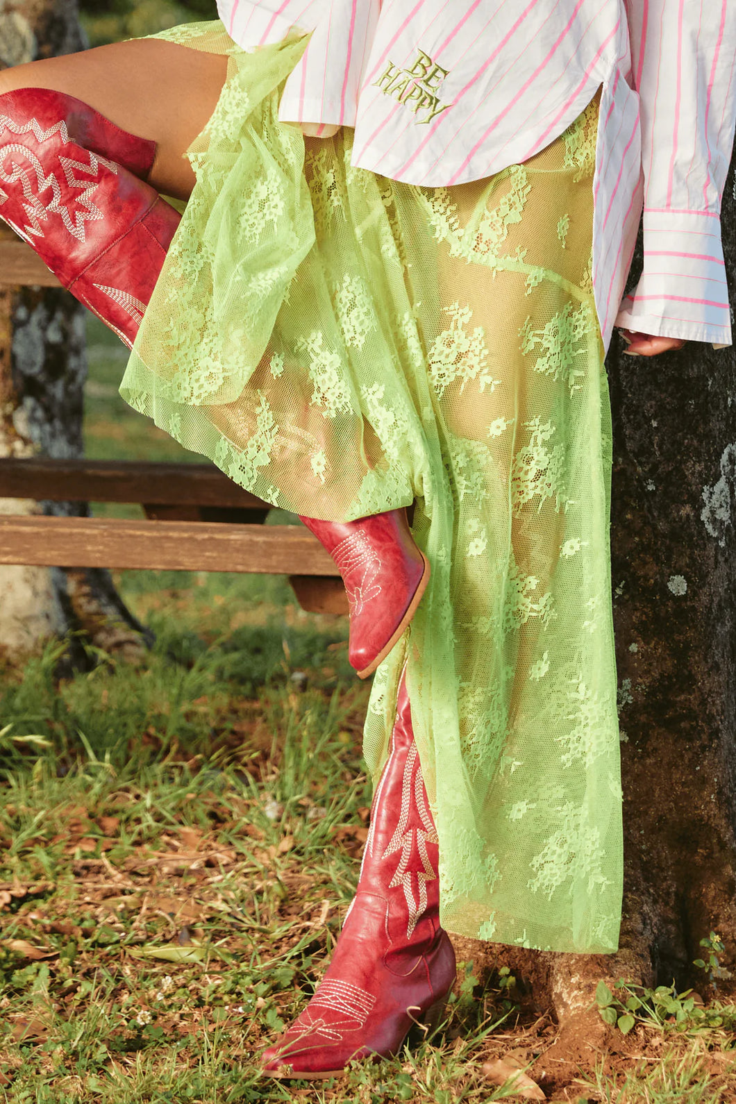 SABBI THE LACE MAXI SKIRT - CHARTREUSE