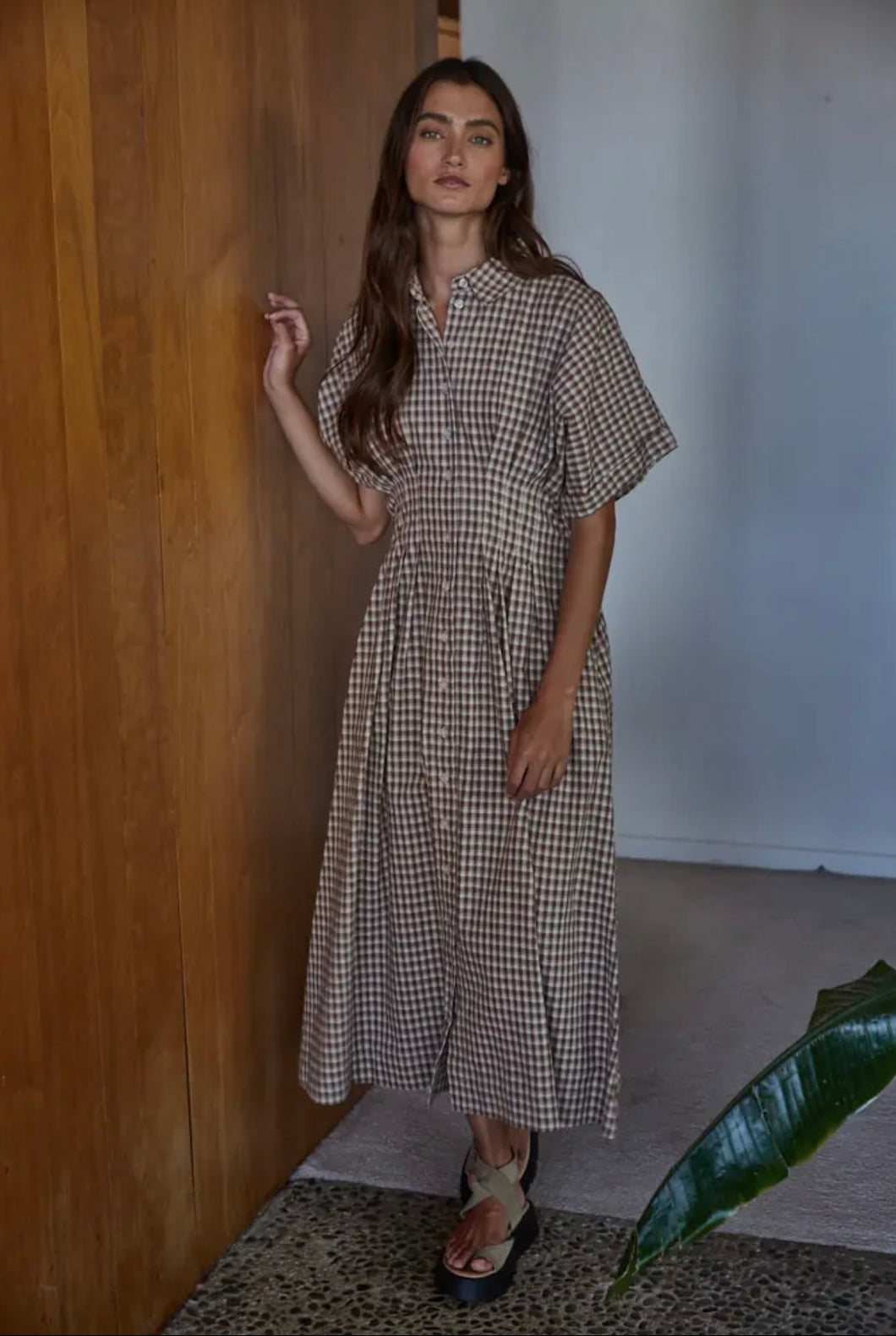 Woven Cotton Gingham Print Button Down Flare Maxi Brown