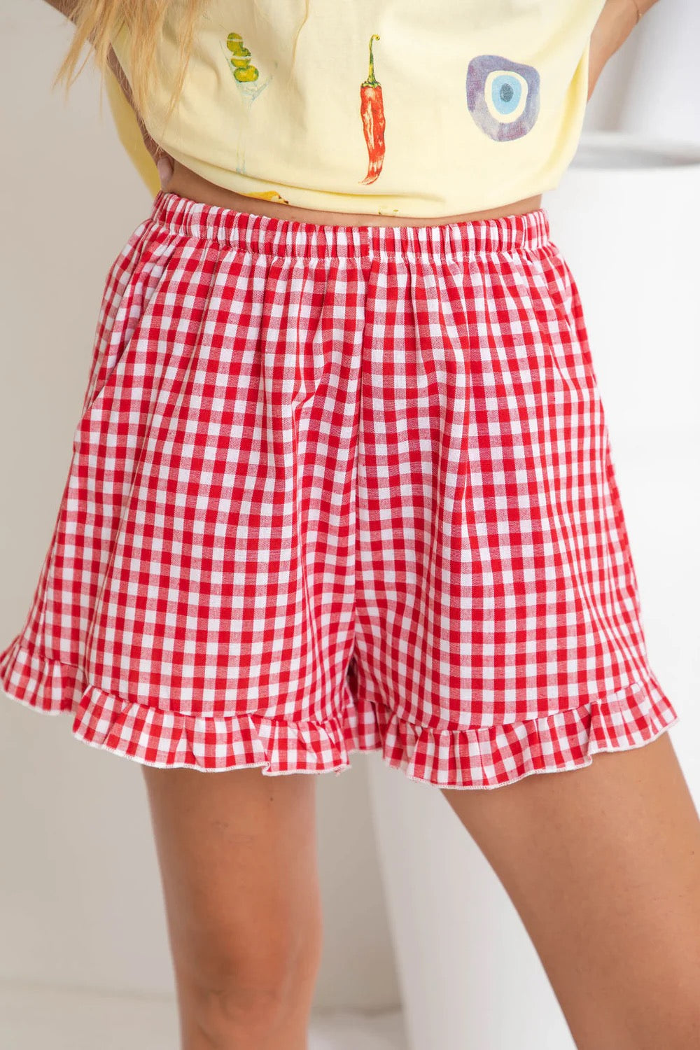 By Frankie Red Gingham Frill shorts