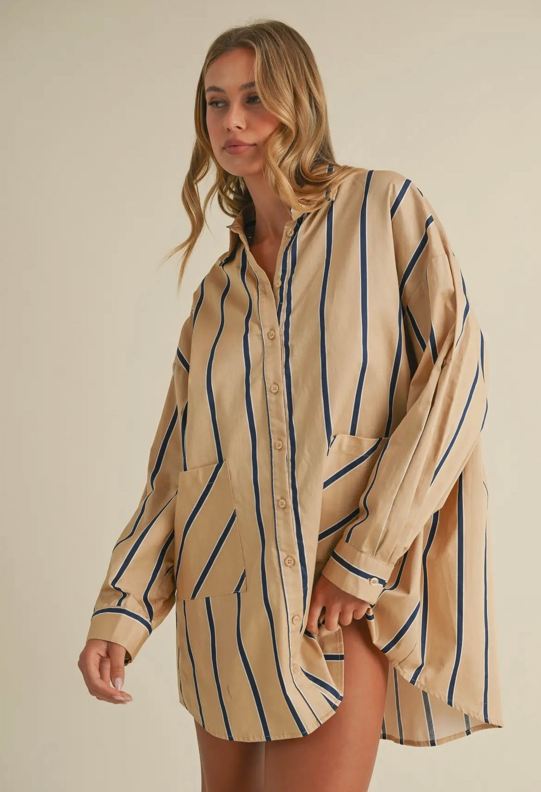 Oversized Stripe Shirt Dress Beige