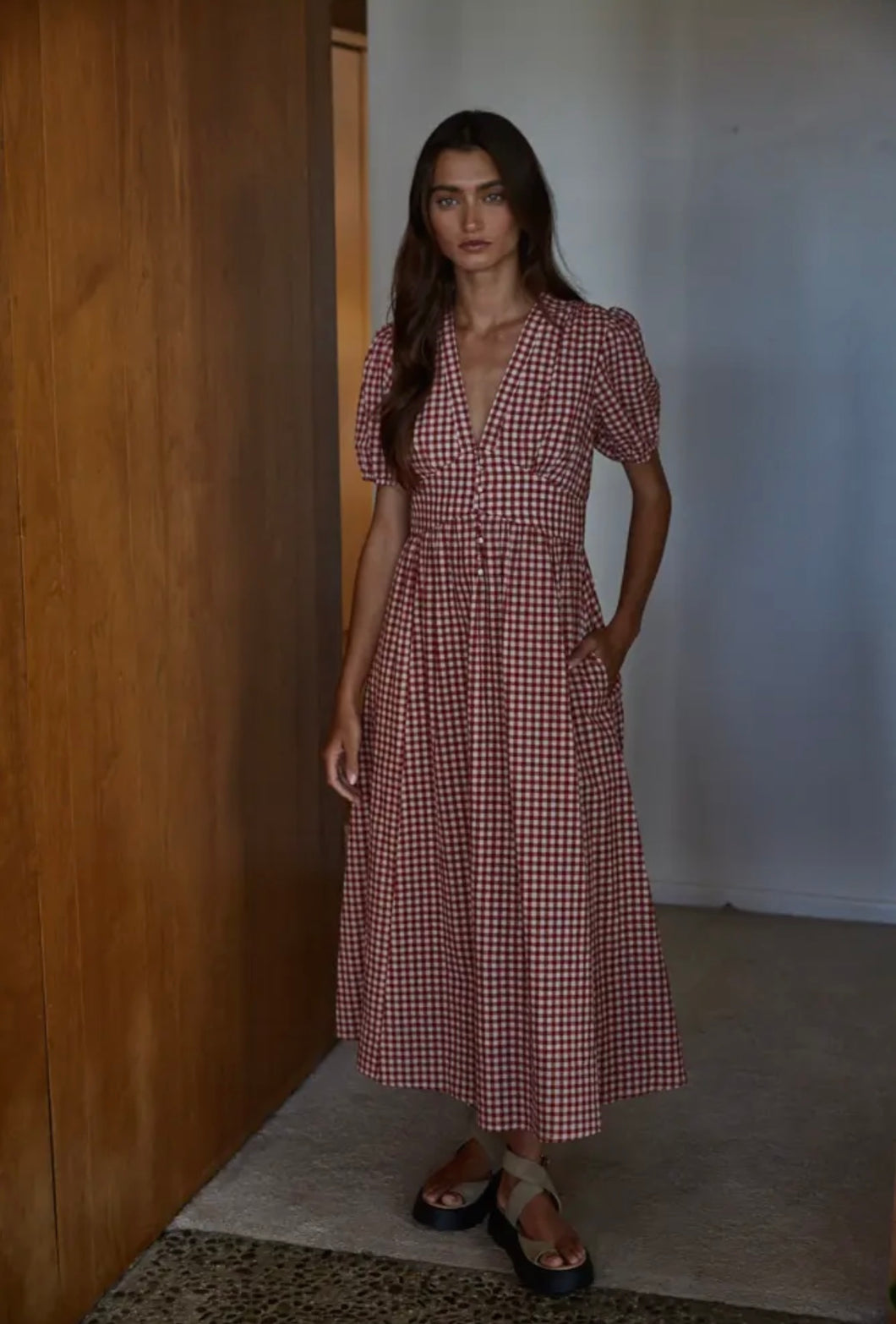Woven Cotton Gingham Print Button-Down Dress