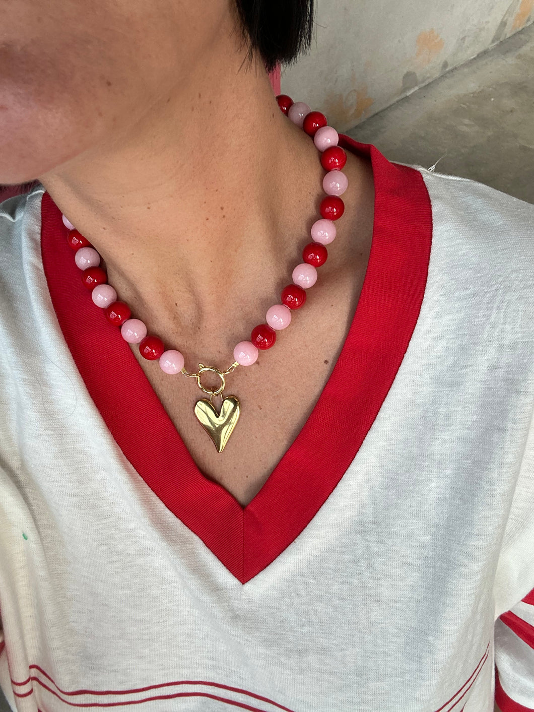 Natural Stone Bead Necklace - Red/Pink