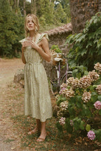Load image into Gallery viewer, Oak Meadow Frill Tea Midi Dress in Sage
